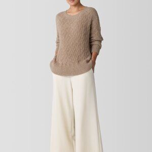 Eileen Fisher Tan 100% Organic Cotton Cable Knit Sweater Medium Fuzzy Crewneck